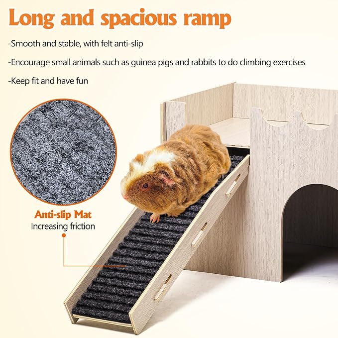 kathson Wood Guinea Pig Hideout Small Rabbit Hideout with Water and Hay Feeder Ramp, Easy to Assemble Wooden Hamster House for Small Animal Bunny Chinchilla Rat Hedgehog with 2xGuinea Pig Cage Liners