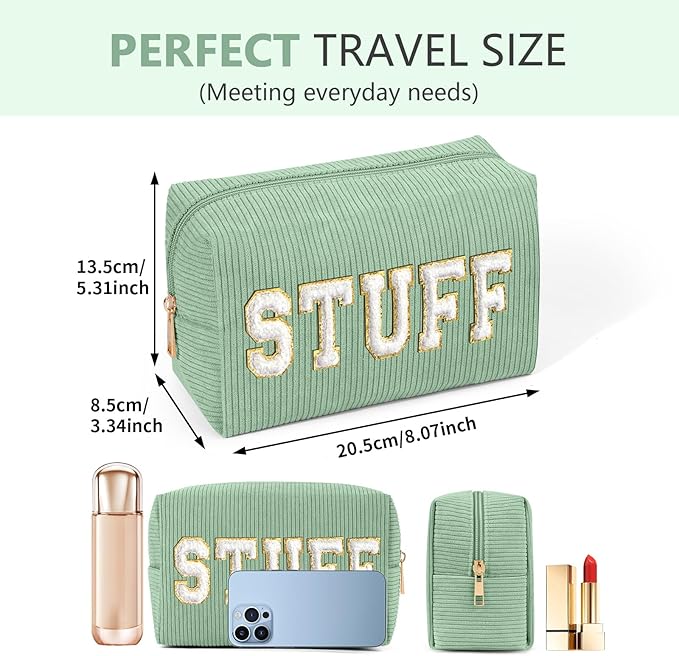 MAGEFY Small Makeup Bag for Purse Portable Makeup Pouch with Compartments Corduroy Make up Bag for Women Travel Cosmetic Essential (Green, STUFF)