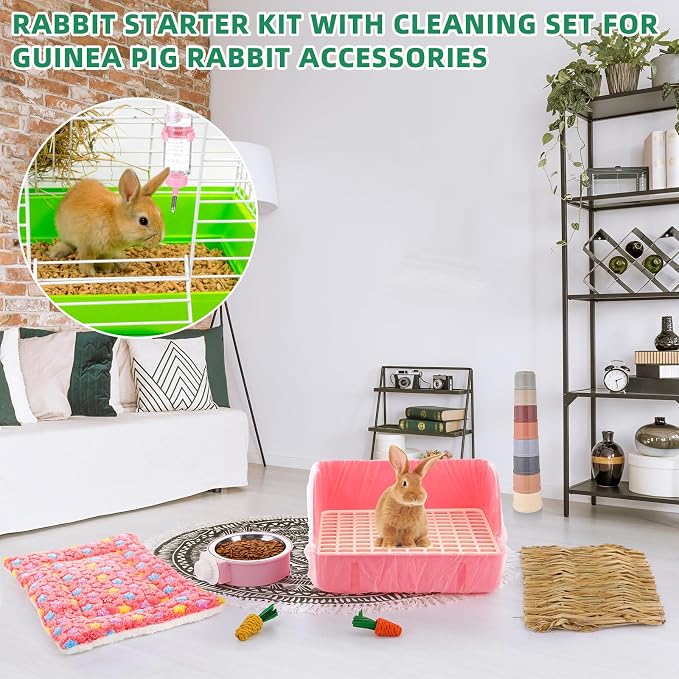 34 Pcs Rabbit Starter Kit Rabbit Litter Box Small Animal Water Bottle Cups Bunny Tunnels Animal Grooming Kit Bowl Blanket with Cleaning Set for Guinea Pig Bunny(Style 1,Light Pink)