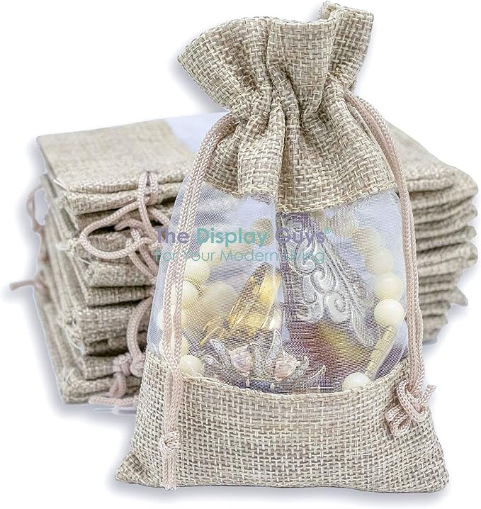 12-Pack Small Linen Burlap & Organza Gift Bags w. Drawstrings (3.5x5.5 in, Beige) - Party Favors, Presents, Samples & Treats Mesh Pouch by The Display Guys