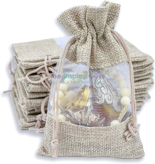 12-Pack Small Linen Burlap & Organza Gift Bags w. Drawstrings (3.5x5.5 in, Beige) - Party Favors, Presents, Samples & Treats Mesh Pouch by The Display Guys