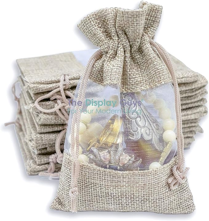 48-Pack Small Linen Burlap & Organza Gift Bags w. Drawstrings (3.5x5.5 in, Beige) - Party Favors, Presents, Samples & Treats Mesh Pouch by The Display Guys
