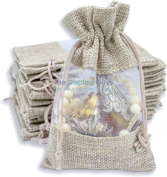 48-Pack Small Linen Burlap & Organza Gift Bags w. Drawstrings (3.5x5.5 in, Beige) - Party Favors, Presents, Samples & Treats Mesh Pouch by The Display Guys