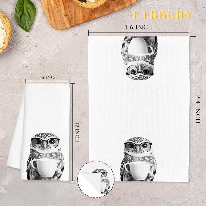 Funny Owl Decor Coffee Kitchen Towels Gift, Gifts for Owl Lovers, Coffee Gifts for Women, Animal Lover Gift Decorative Dish Hand Tea Towels for Kitchen Bar Decor, 16x24 Inch