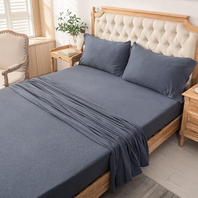 PURE ERA Jersey Knit 4pc Bed Sheet Set 100% T-Shirt Heather Cotton Super Soft Comfy Breathable Fits Mattress Up to 20" Extra Deep Pocket (Heather Navy Blue, King)