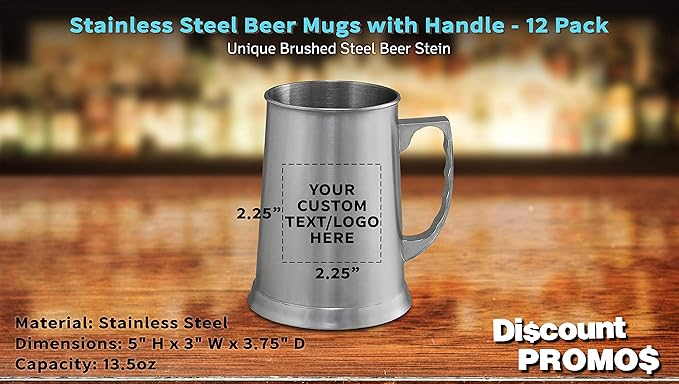 Custom Stainless Steel Beer Stein Mug 13.5 oz. Set of 12, Personalized Bulk Pack - Great for Restaurant, Brewery, Pub - Silver