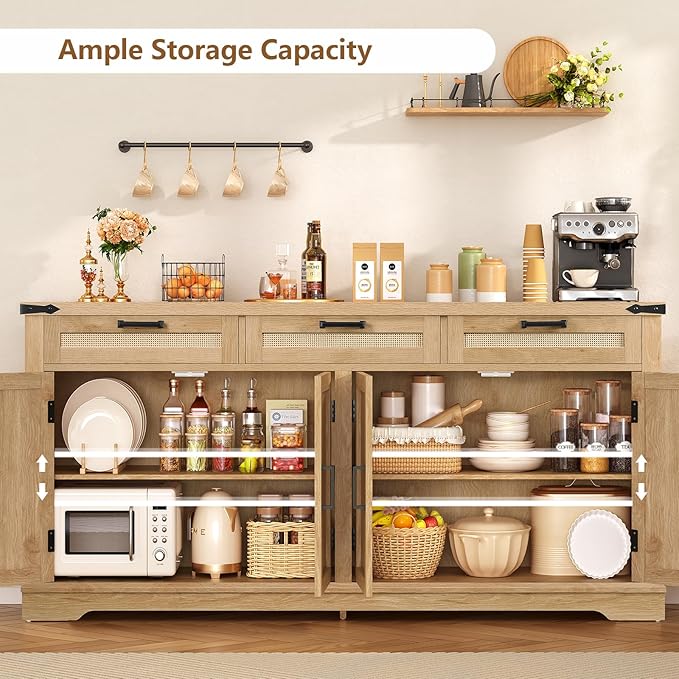 usikey 61” Large Buffet Cabinet with Storage, Sideboard Cabinet with 4 Doors and 3 Drawers, Farmhouse Buffet Table, Dining Room Storage Cabinet for Kitchen or Living Room, Natural