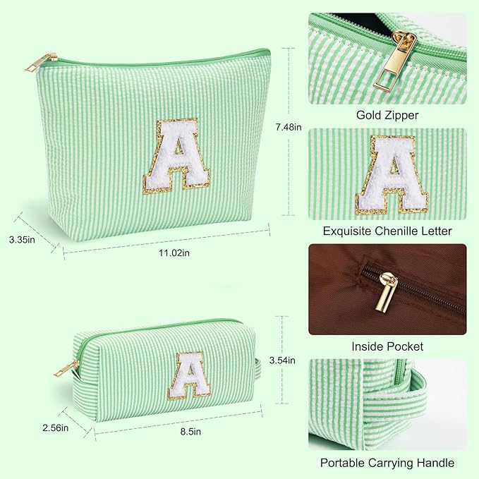 YOOLIFE Initial Makeup Bag for Women Girls - Skin Care for Teens 10-12 | Make Up Bag | Gifts for Women | Graduation Gifts | Mothers Day Gifts | Tween Girls Trendy Stuff Daughter Friend Gifts M, Green
