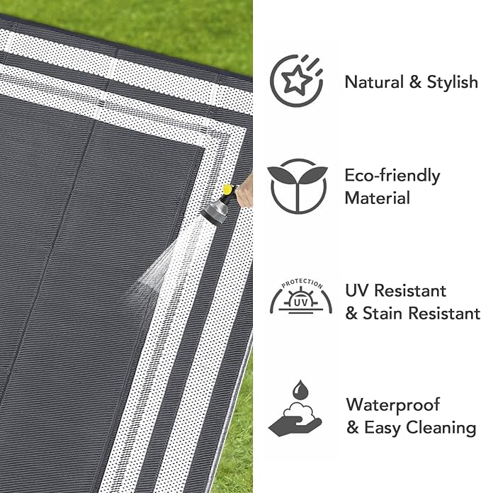 Patio Modern Border Outdoor Rug 10x14 Waterproof Large Reversible Camping Mat Foldable Lightweight Plastic Straw Outdoor Rug for Deck, Picnic, Porch, Camper, Balcony, Beach, Rv，Grey/White