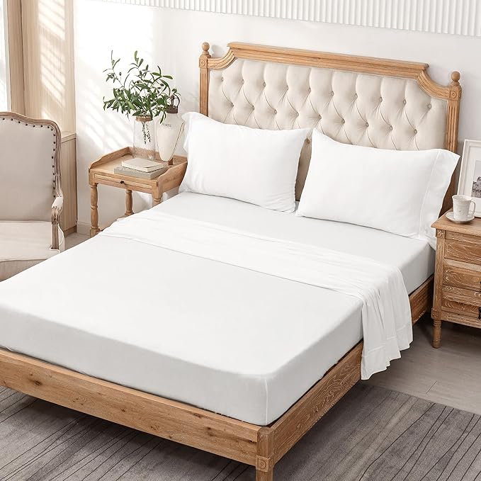 PURE ERA Jersey Knit 4pc Bed Sheet Set 100% T-Shirt Cotton Super Soft Comfy Breathable Fits Mattress Up to 20" Extra Deep Pocket (Solid Bright White, King)