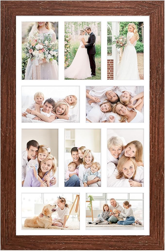 13x21 Picture Frame Display 10 opening 4X6 Picture Frame Collage,Multi Photo Frame with Mat,Plexiglass,Wall Mount Decor,Walnut Wood Grain