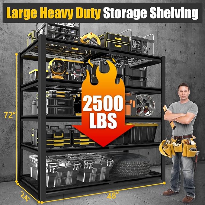 PrimeZone 72" H Heavy Duty Garage Shelving 2500 LBS 5 Tier Heavy Duty Storage Shelves Adjustable Industrial Metal Wire Shelf Unit for Garage,Basement,Pantry,Warehouse,Commercial,48" WX24 DX72 H 8Pack