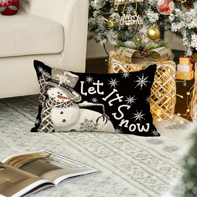 AVOIN colorlife Christmas Winter Polka Dot Snowman I Smell Snow Black Throw Pillow Cover, 12 x 20 Inch Winter Holiday Cushion Case Decoration for Sofa Couch