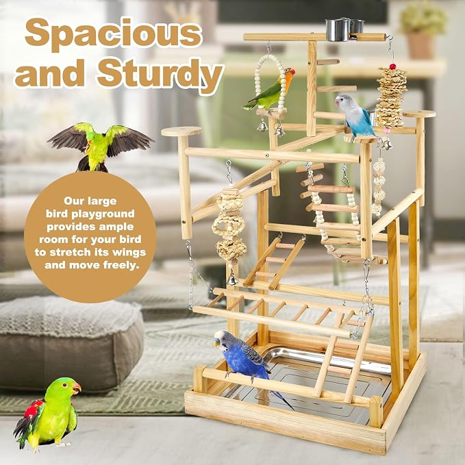 LIMIO Bird Playground - Natural Wood Parrot Playstand with Perches, Bird Play Gym & Accessories, Removable Tray & 4 Stainless Steel Cups