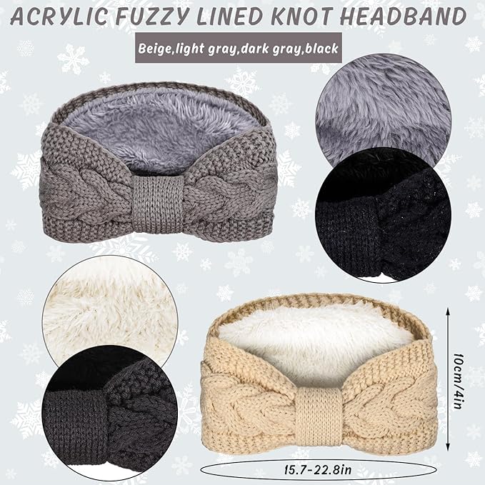 Whaline 4 Pack Twisted Knit Headbands Winter Knotted Head Wraps Fuzzy Lined Headband Thick Crochet Turban Ear Warmer Elastic Hair Band Accessories for Women (Beige, Black, Grey)