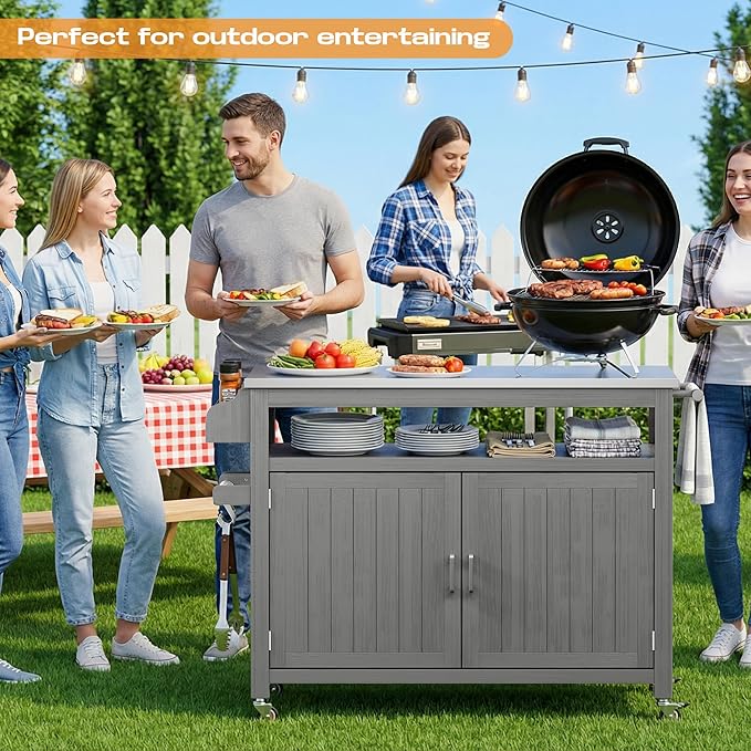 FUQARHY 43.3-Inch Outdoor Kitchen Island with Storage Cabinet and Stainless Steel Top, Solid Wood Prep Station Grill Table with Lockable Wheels for Patio, Backyard, Party (Gray)