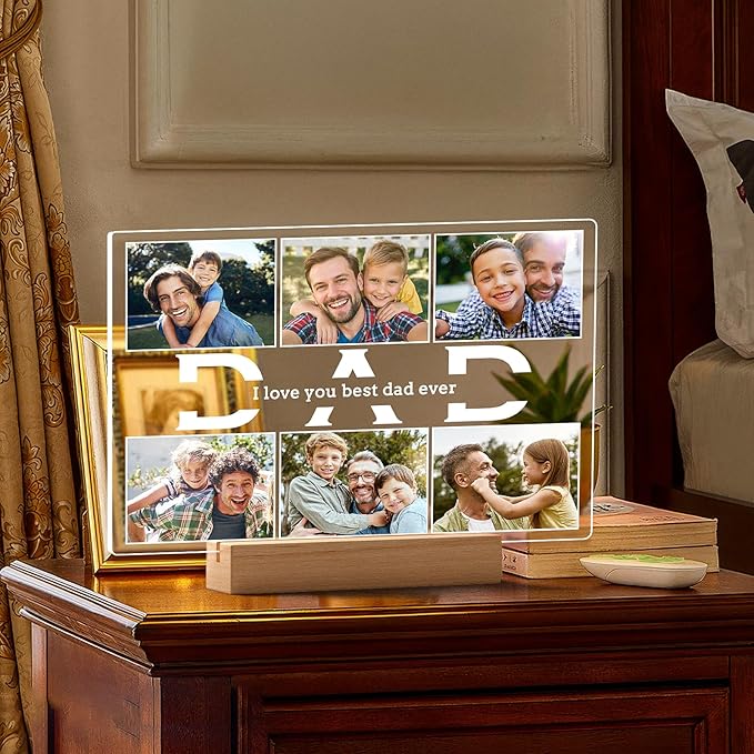 Personalized Birthday Gifts for Dad from Daughter Son, Custom Picture Frames with Photos, Customized Photo Frame with Night Light, Personalized Christmas Gifts for Dad Baby Kid Family