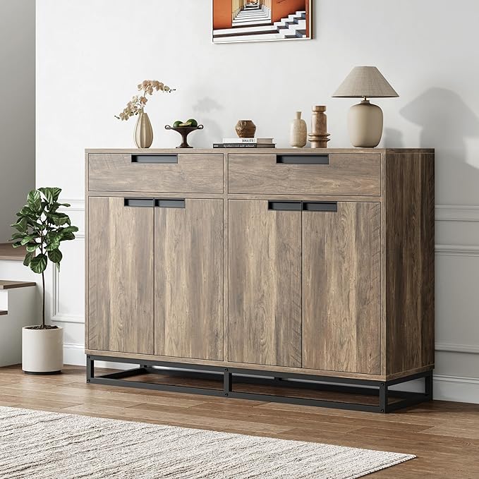 Garvee Kitchen Buffet Cabinet 55 Inch Large Modern Sideboard with 2 Drawers and 4 Doors, Coffee Bar Buffet Table for Kitchen and Dining Room, Brown