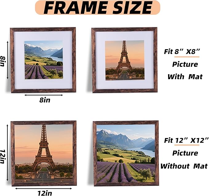 3 Pcs 12x12 Rustic Brown Wood Picture Frame - Display Pictures 8x8 with Mat or 12 x 12 without Mat - Distressed Brown Wooden Photo Frames for Wall Mounting 12 12 Matted to 8x8 Farmhouse Set of 3