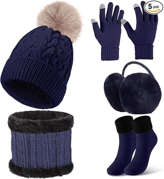 SATINIOR 5 Pcs Winter Hat Scarf Gloves Set Fleece Warm Lined Knit Beanie Hat Touch Screen Earmuff Gloves Warmer for Women(Navy Blue,Cool Style)