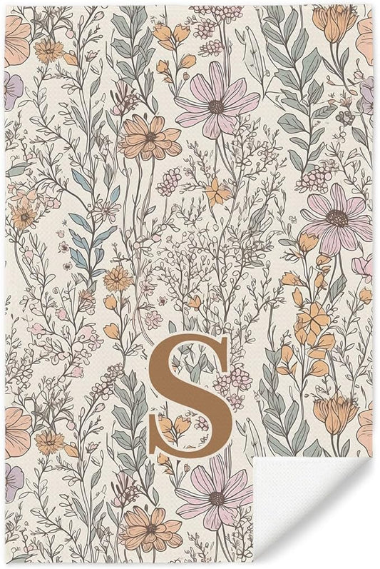 Initial S Personalized Floral Kitchen Towels Dish Towel, Custom Hand Towels for Bathroom, Monogrammed Gifts for Women Mom, Boho Floral Decorative Kitchen Towels Tea Towel, 16x24 Inch