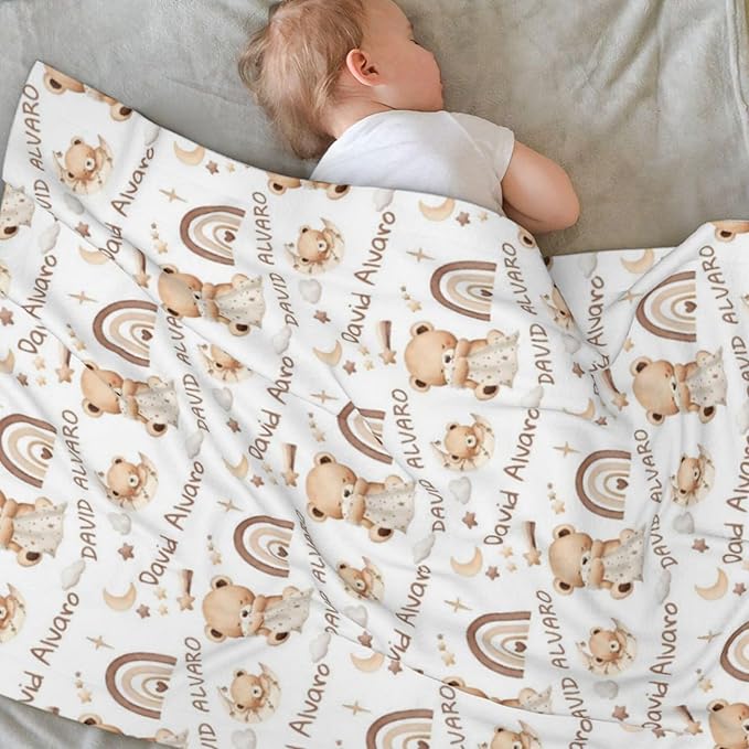Ship Next Day, Personalized Baby Blanket for Boys Girls - Printed in USA, Custom Name Toddler Blanket with Sleep Bear Pattern, Perfect Newborn Gift