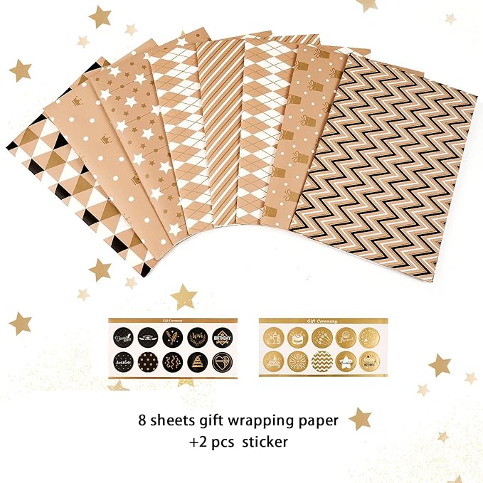 MAMUNU Gift Wrapping Paper Set, 8 Sheets Brown Wrapping Paper for Birthday Graduation and All Occasions, Gift Wrap Paper Set for Men Women, 20x28 Inch