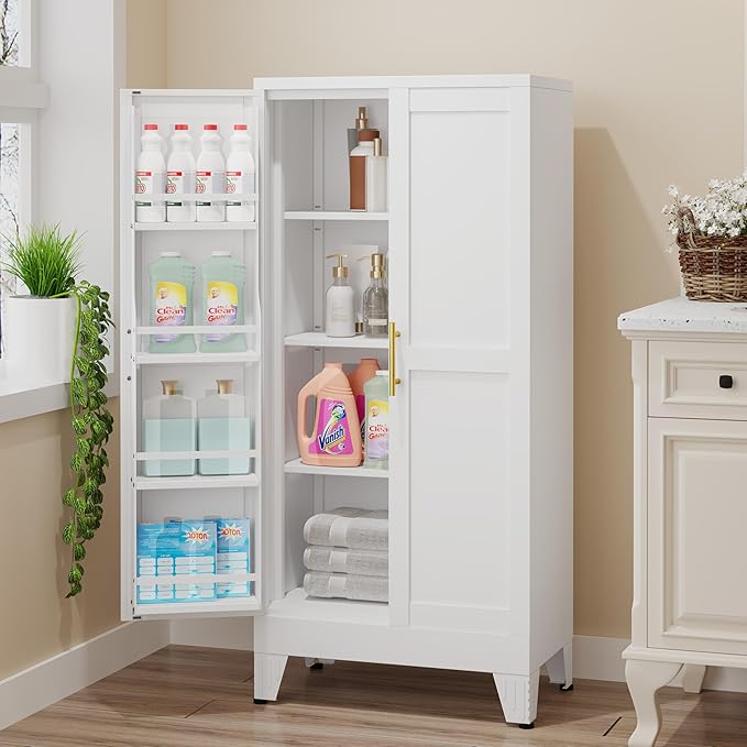 GAIOUS Metal Kitchen Pantry Cabinet, Storage Cabinets with 2 Door and 3 Adjustable Shelves, White Freestanding Food Storage Cabinet, Steel Cupboard for Kitchen Dinning Room