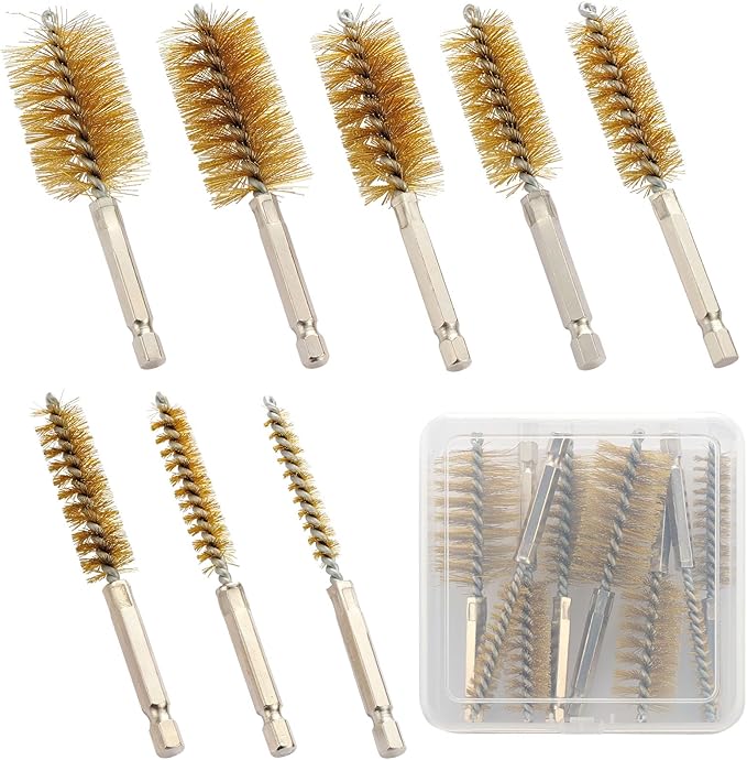 MAXMAN Bore Brush Set, 8pcs Brass Wire Brush for Drill, Durable Metal Bristles Twisted, 8 Size Set Multiple Diameter Options, 1/4 Inch Hex Shank, for Power Drill Impact Driver & Tube Cleaning
