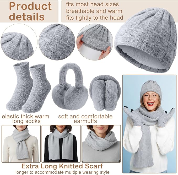 Geyoga 6 Pcs Winter Knit Set Beanie Hat Long Scarf Touchscreen Gloves Ear Muff Socks Warm Valentine Gift for Women Men Snow(Grey,Chic Style)