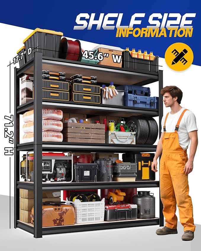5-Tier Storage Shelves, 3000LBS Garage Shelving Heavy Duty, Home Storage Rack, Utility Metal Shelf, Adjustable Shelving Unit, for Dorm, Basement, Kitchen,17.7" D x 45.6" W x 71.2" H, Black