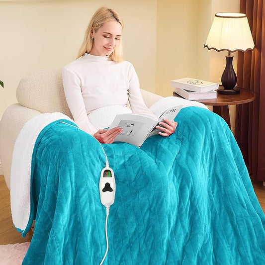 greenoak Heated Blanket Electric Twin 62"X84", Heating Blanket with 10 Heat Levels 1/2/4/6/8 Hours Auto-Off, Soft Flannel Sherpa Warm Heater Christmas Blanket,Aqua Green