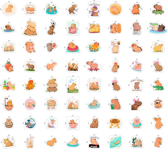 100Pcs Cute Capybara Stickers Waterproof, Vinyl, Small -Capybara Party Supplies & Decorations - Gift for Women & Men