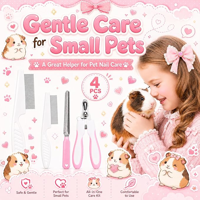 Guinea Pig Brush Kit Hamster Cleaning Grooming Comb with Nail Clipper Trimmer, Nail Files - Professional Small Animal Grooming Tool for Rabbit, Bunny, Puppy, Kitten, Ferret