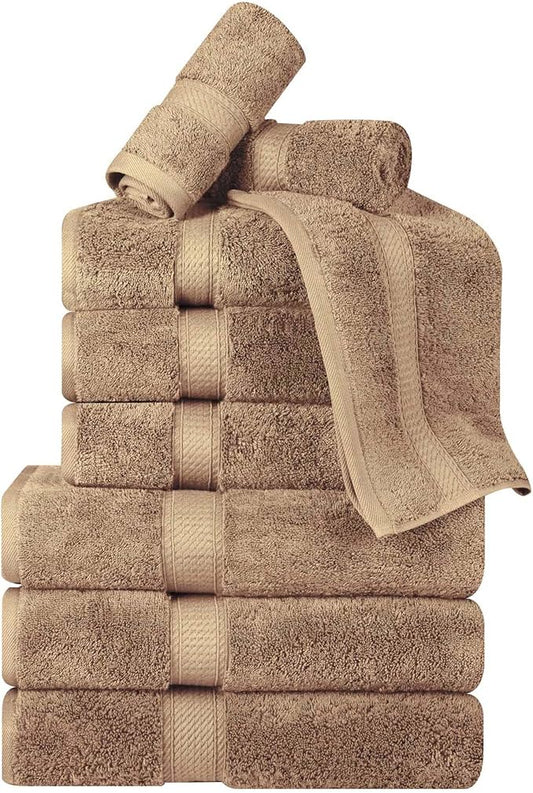 BNM Egyptian Cotton Heavyweight Towels, Ideal For Bathroom, Shower, Spa, Hotel, 800 GSM, Face/ Washcloths, Hand Towels, Bath Towels, Highly-Absorbent, Luxury Basics, 9 Piece Towel Set, Latte Brown