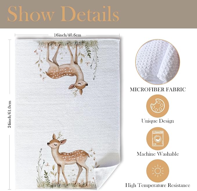 Deer Gifts Kitchen Towels, Deer Gifts for Women Dish Tea Towels for Kitchen, Cute Wild Animal Botanical Decorative Hand Towel for Kids Bathroom Decor, 16x24 Inch