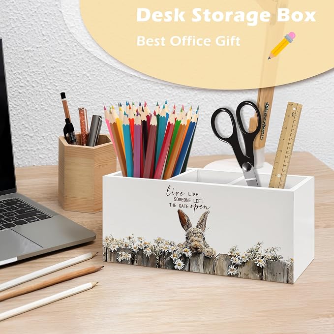 Rustic Bunny Pen Holder Organizer, Farmhouse Bunny Gifts for Women Girls Desk Decor, Live Like Someone Left the Gate Open Wooden Pen Pencil Holders for Vintage Desk Accessories