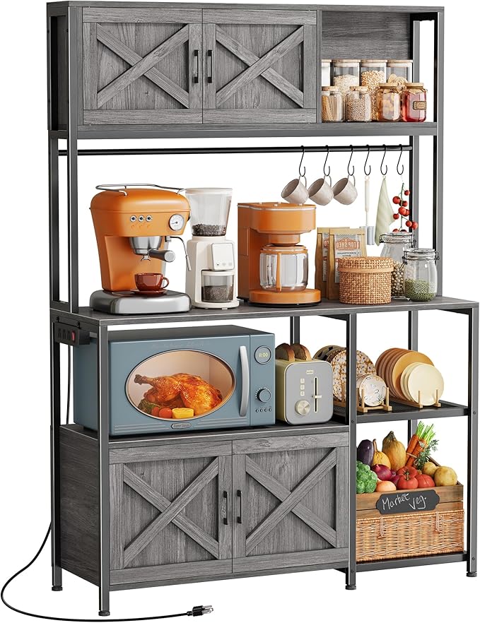 Huuger Large Bakers Rack with Power Outlet, Kitchen Microwave Stand with Cabinets, Coffee Bar Table Station with Storage, 6 S-Shaped Hooks, Mesh Shelves, 45 Inch Wooden Top, Grey