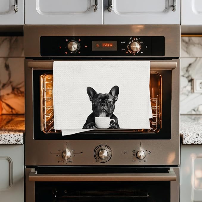 Funny French Bulldog Coffee Kitchen Towels, Frenchie Gifts for Women, Gifts for French Bulldog Lovers Decorative Dish Hand Tea Towels for Kitchen Coffee Bar Decor, 16x24 Inch