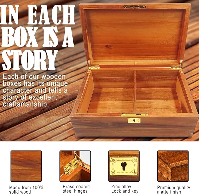 Wood Box Large Decorative Wooden Storage Box with Hinged Lid and Locking Key Premium Acacia Keepsake Chest Box Memory Gift Wooden Boxes 11 X 8.5 X 5 Inches