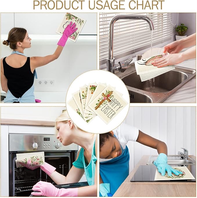 CHENGU 6 Pcs Swedish Kitchen Dishcloths, Absorbent Dish Towels, Reusable Sponge Cleaning Dish Cloths, Fast Drying, Washable Decorative Tea Towels, No Odor Bar Hand Towel (Easter)