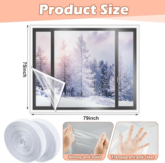 75 x 79 Inch Window Insulation Kit Cuttable Transparent Film with Adhesive Straps Reusable Window Plastic for Winterizing Thicken Thermal Waterproof Attic Insulation Cover Warm Winter