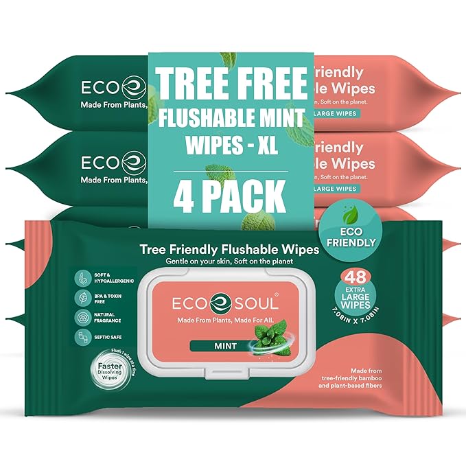ECO SOUL Bamboo Flushable Wipes For Adult - Mint, 4 Pack of 48, Eco-Friendly, 99% Purified Water, Hypoallergenic, Soft, BPA & Paraben Free