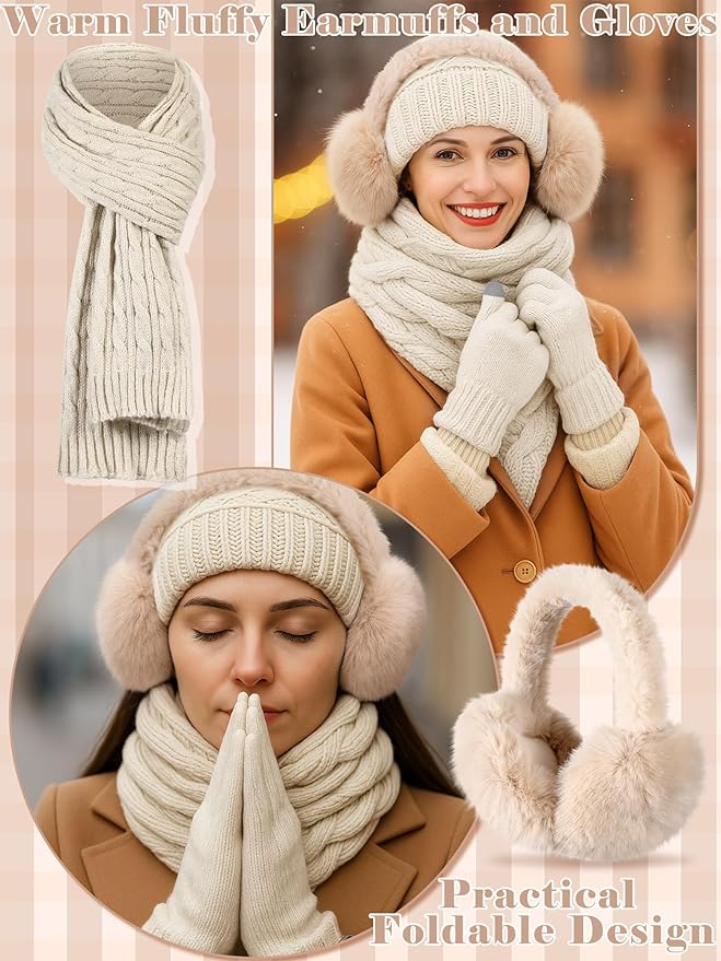 Geyoga 6 Pcs Women Winter Beanie Hat Scarf Gloves Ear Muffs Fuzzy Socks Set, Touchscreen Gloves for Thermal Gift Cold Weather