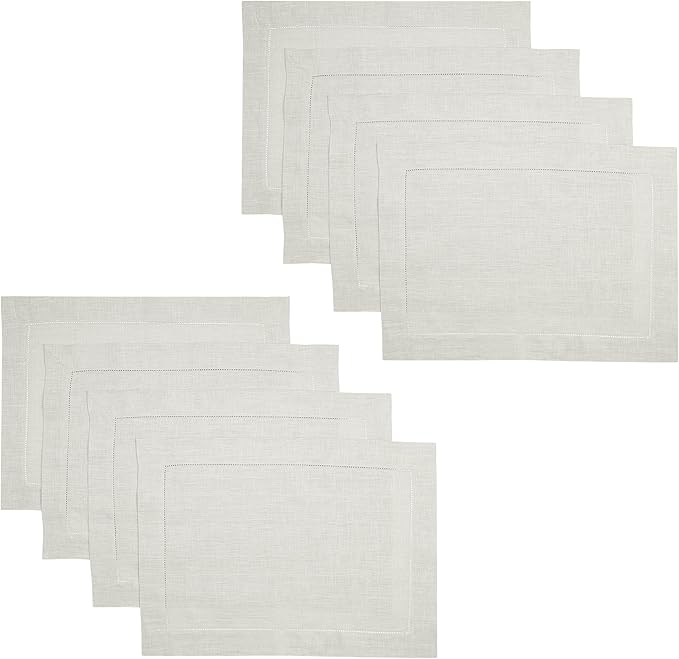 D'Moksha Homes Silver Grey Linen Cloth Placemats Set of 8-100% Pure Linen Hemstitch Placemats 14 x 19 Inch - Classic Hemstitch Table Place Mats for Thanksgiving - Handcrafted and Machine Washable