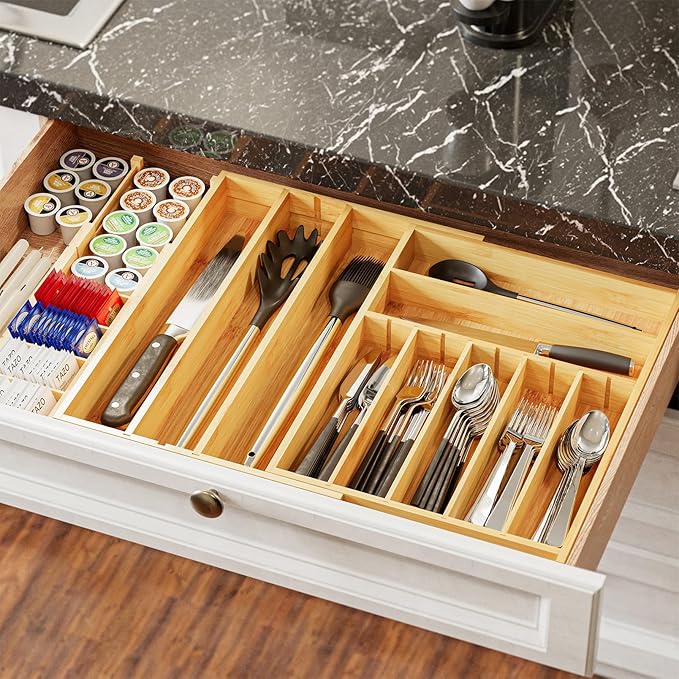 SpaceAid 2.5" High Bamboo Silverware Drawer Organizer with Labels, Kitchen Utensil Expandable Tray Holder for Flatware, Cutlery, Spoon and Knives Drawer Storage Organization (Natural)