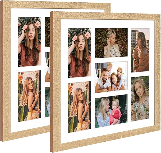 13.5x15.5 Collage frame with 7 Openings 4X6 Pictures, Multiple Picture Frame with Mat, Wall or Tabletop Decor, Natural Wood Grain,2 Pack
