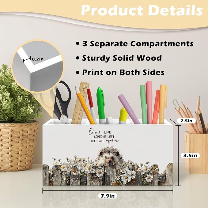 Rustic Hedgehog Pen Holder Organizer, Farmhouse Hedgehog Gifts for Women Desk Decor, Live Like Someone Left the Gate Open Wooden Pen Pencil Holders for Vintage Desk Accessories