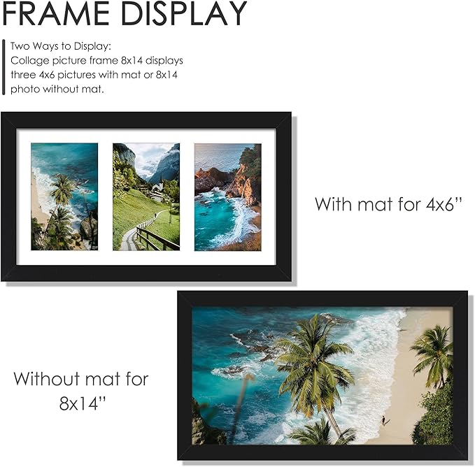 8x14 Collage Picture Frame, 4x6 Collage Picture Frame Displays Three 4x6 inch Photos, or 8x14 (Without Mat) for Available Horizontal Wall Mounting Display and Vertical, Black.