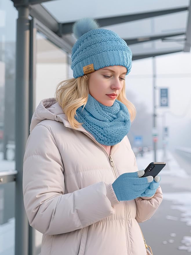 URATOT 4-In-1 Winter Warm Sets Knitted Scarf Touch Screen Gloves Beanie Pompom Hat and Winter Ear Warmer for Men or Women
